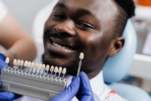 Teeth,color,shades,guide,close Up.,african,man,in,dentistry.,veneers